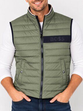 BOSS Darolan Water-Repellent Quilted Gilet Vest Olive Green Men's 44R Logo